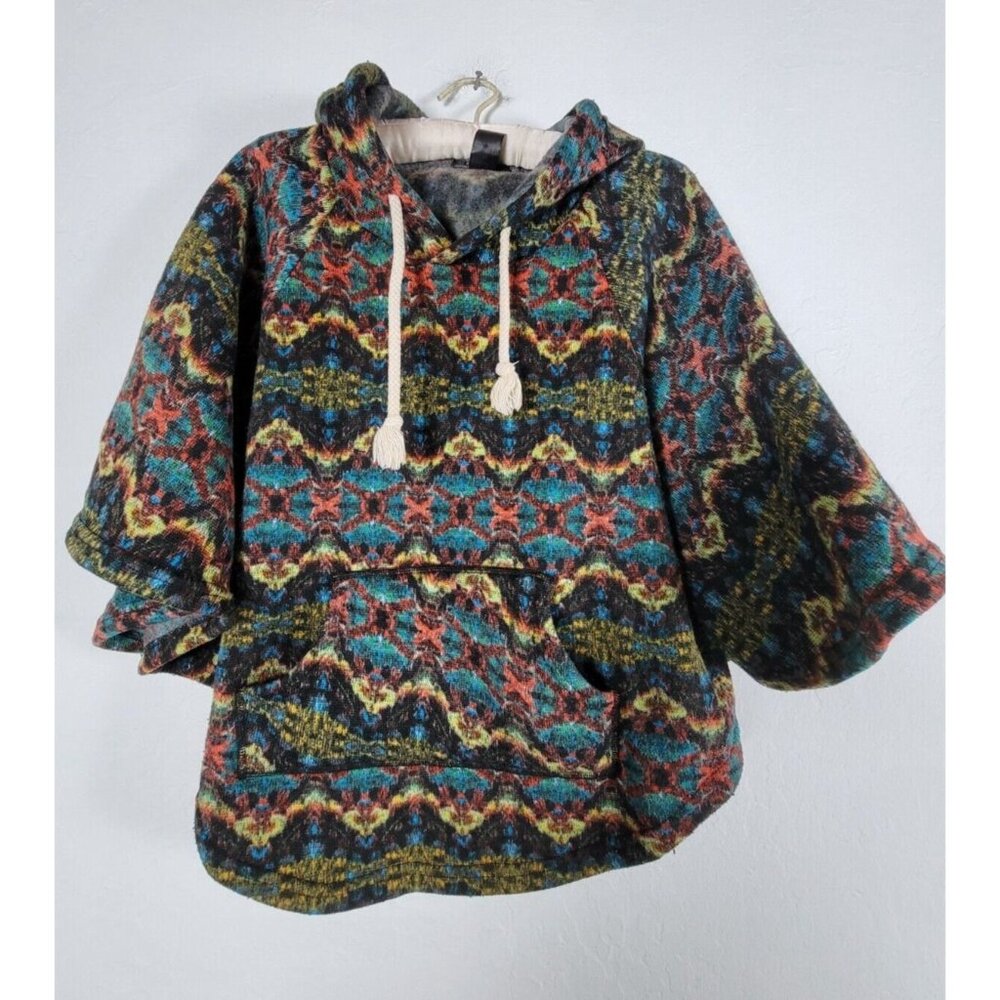 Shosho Womens Poncho Hoodie Sweater Size M/L Aztec Tribal Print Multi Pullover